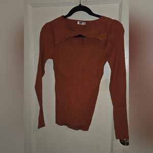 Ribbed Cutout Long Sleeve Top - Rust
